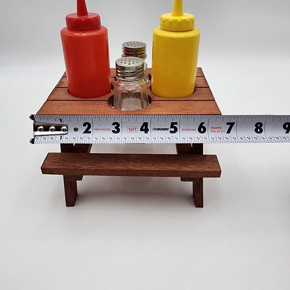 Redwood Picnic Table Condiment Set Salt Pepper Ketchup Mustard‎ Vintage READ